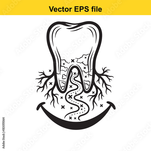 Black and white vector illustration of a human molar tooth cross section showing root canal, pulp, and healthy smile line isolated on white background