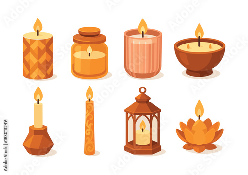 Candle set collection, wax lights, lanterns, flat vector illustration