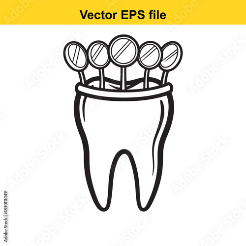 Black and white outline vector illustration of a large molar tooth holding several dental mouth mirrors in its crown, isolated on white background