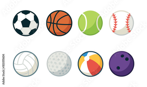 Sports balls vector illustration, flat style, soccer, basketball, tennis, baseball