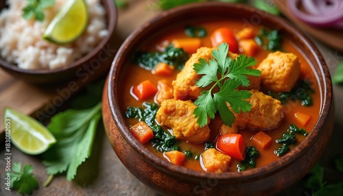 Fototapeta Naklejka Na Ścianę i Meble -  Illustration of Indian Bombay chicken curry. Dish in wooden bowl with rice lime. Delicious food photography with tomato spinach vegetables. Spicy meal.