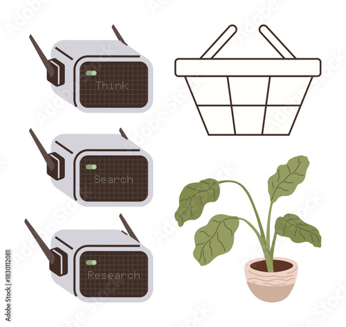 Retro portable radios displaying Think, Search, Research with antenna, a wire shopping basket, and a potted leafy plant. Ideal for technology, creativity, mindfulness, research shopping