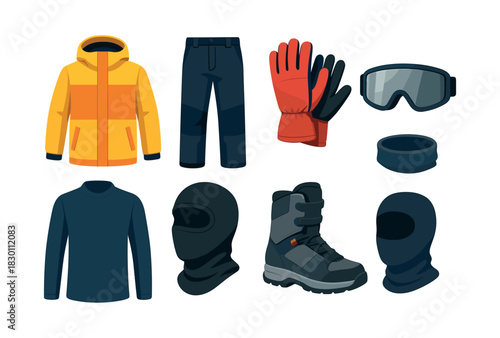 Winter clothing essentials, flat vector illustration of ski gear and accessories
