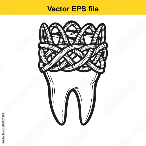 Black and white vector illustration of a molar tooth wrapped in intricate celtic knotwork, symbolizing strong dental health or ancient dentistry, isolated on white background