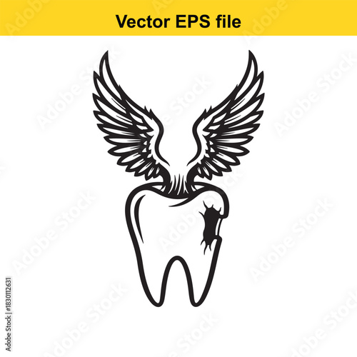 Black and white vector illustration of a molar tooth with large feathered wings growing from the top, isolated on white background