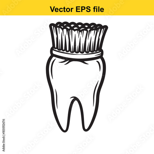 Black and white vector line art illustration of a molar tooth stylized as a toothbrush, perfect for dental hygiene and oral care concepts, isolated on white background