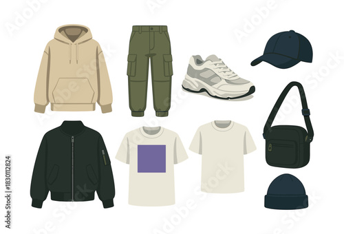 Man's fashion essentials, flat vector illustration of outfits and accessories
