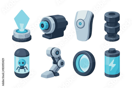 Futuristic gadget collection, robotics, technology, flat vector illustration