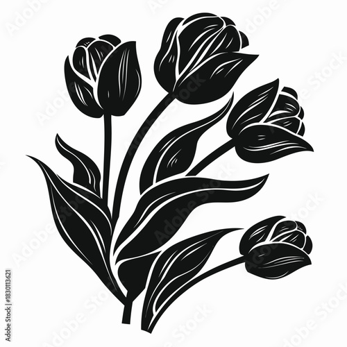 Black and white vector illustration of stylized tulips blooming on stems