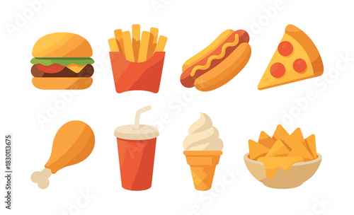 Fast food favorites flat vector illustration: burger, pizza, fries, ice cream