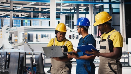 Foto Engineering group in solar panel factory adjusting machinery settings through tablet, inspecting the production and configuration for efficient production