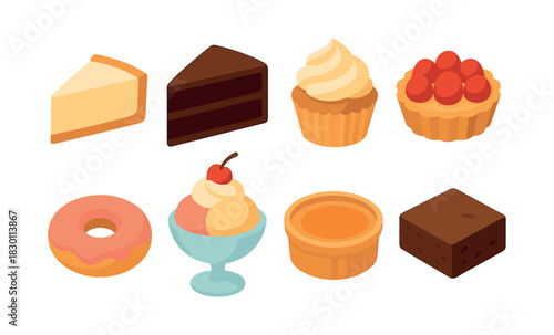 Dessert assortment, flat vector illustration, cakes, pastries, sweets collection