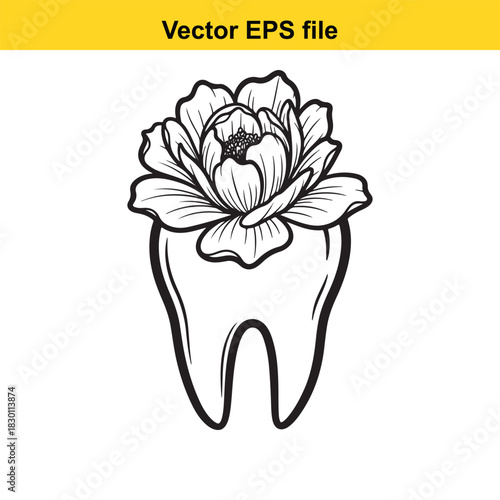 Black and white line art vector illustration of a human molar tooth with a blooming peony flower growing out of the crown, isolated on white background
