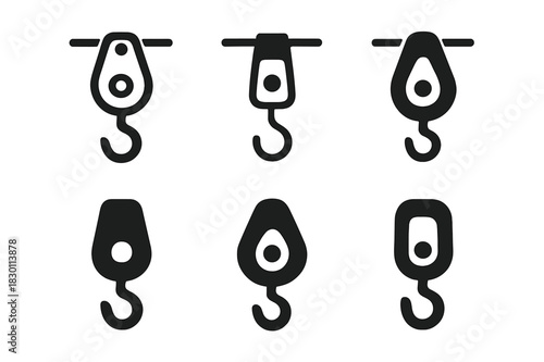Zip Line Pulley Logos. zip line pulley. Icon set. Set Logo of zip line pulley: pulley hook mechanism. harmonious logo variations of the same emblematic