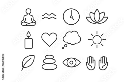 Mindfulness Icon Set. Mindfulness practice. Line icon set of mindfulness practice: person meditating, breath wave, clock, lotus, candle, heart, thought bubble,