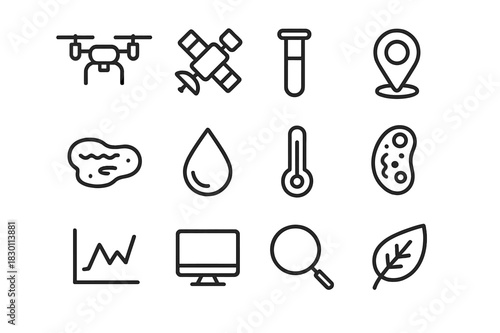 Environmental Monitoring Icons. Environmental monitoring. Line icon set of environmental monitoring: drone, satellite, test tube, map marker, pond, droplet,