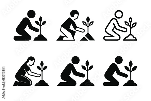 Tree Planting Icons. tree planting programs. Icon set. Set Logo of tree planting programs: volunteers planting trees. harmonious logo variations of the same
