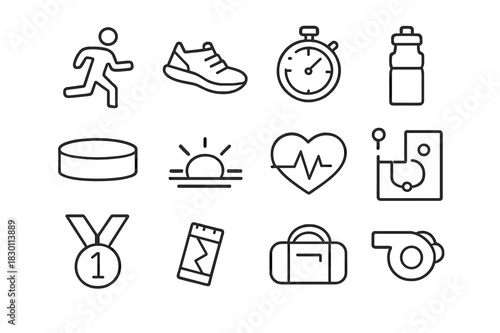 Morning Run Icons. Morning run. Line icon set of morning run: runner, sneakers, stopwatch, water bottle, headband, sun rising, heart rate, route map, medal,