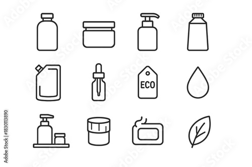 Refill Beauty Icons. Refill beauty. Line icon set of refill beauty: refill bottle, glass jar, pump dispenser, aluminum container, pouch, dropper bottle, eco