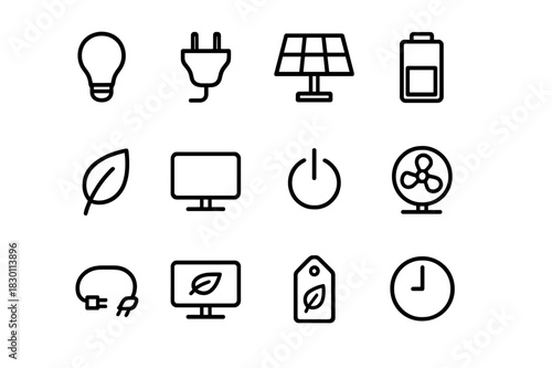 Low Energy Icons. Low energy office. Line icon set of low energy office: light bulb, plug, solar panel, battery, leaf, computer, power button, fan, cable,