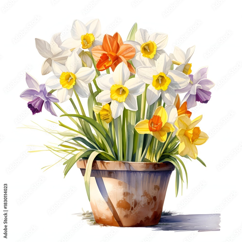 Fototapeta premium Cheerful springtime daffodils blooming in a pot illustration