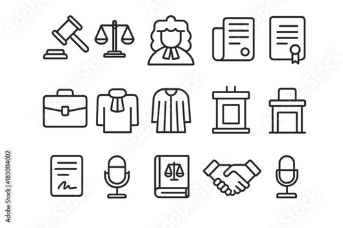 Arbitrator Icons Collection. Arbitrator. Line icon set of Arbitrator: gavel, balance scales, legal document, briefcase, judge robe, courtroom podium, contract,