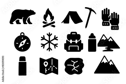 Winter Survival Icons. Winter survival. Solid icon set of winter survival: polar bear, campfire, tent, ice axe, compass, snowflake, backpack, gloves, thermos,