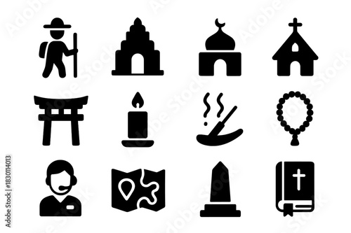 Spiritual Sites Icons. Spiritual sites visit. Solid icon set of Spiritual sites visit: pilgrim, temple, mosque, church, shrine, candle, incense, prayer beads,