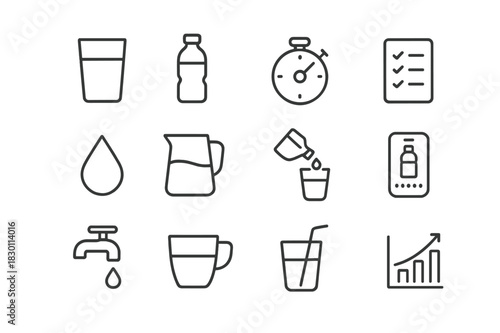 Daily Water Icons. Daily water intake. Line icon set of daily water intake: glass, water bottle, timer, checklist, droplet, jug, refill, hydration tracker,