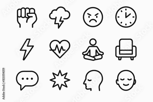 Anger Management Icons. Anger management. Line icon set of anger management: fist, stress cloud, face, clock, lightning bolt, heart rate, meditation, chair,