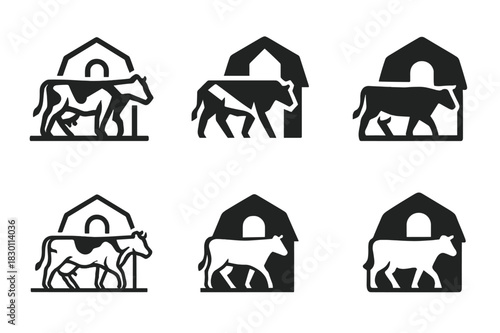 Farming Animal Logo Set. farming animals in action. Icon set. Set Logo of farming animals in action: dairy cow walking in barn. harmonious logo variations of