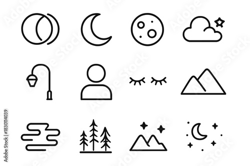 Eclipse Icon Set. Eclipse imagery. Line icon set of Eclipse imagery: eclipse, crescent moon, moon, stars, clouds, street lamp off, shadow figure, closed eyes,