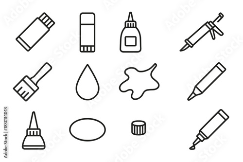 Glue Tube Icons. Glue tube. Line icon set of Glue tube: glue tube, glue stick, adhesive bottle, caulking gun, glue brush, glue drop, glue spill, sealing tube,