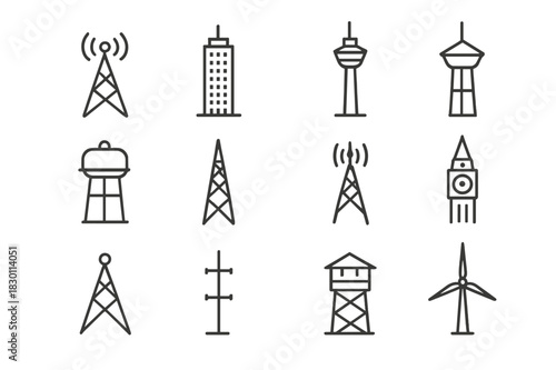 Urban Tower Icons. Urban infrastructure towers. Line icon set of Urban infrastructure towers: communication tower, office skyscraper, mixed-use high-rise,