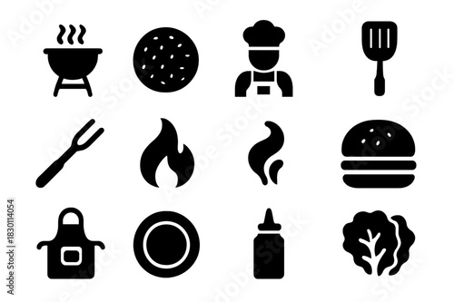Outdoor Cooking Icons. Outdoor cooking. Solid icon set of Outdoor cooking: grill, burger patty, chef, spatula, tongs, flame, smoke, hamburger bun, apron,