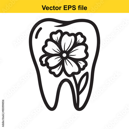 Black and white outline vector illustration of a healthy tooth containing a blooming flower, symbolizing dental care and natural smile, isolated on white background