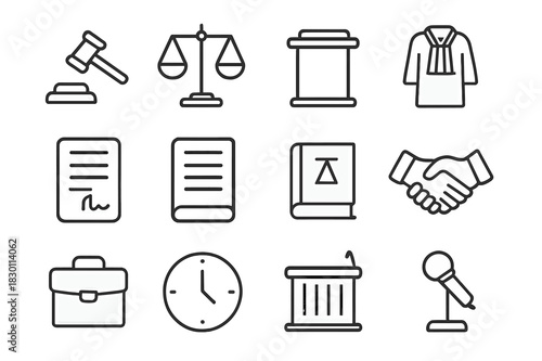 Legal Icons Set. Legal decision making. Line icon set of Legal decision making: gavel, balance scales, courtroom podium, judge robe, contract, legal document,