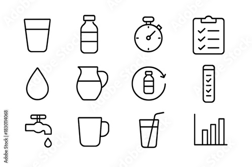 Daily Water Icons. Daily water intake. Line icon set of daily water intake: glass, water bottle, timer, checklist, droplet, jug, refill, hydration tracker,