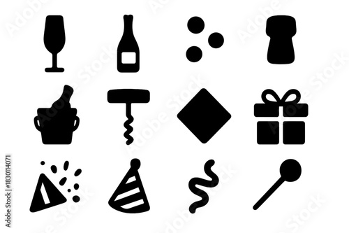 Celebration Icons Collection. Celebration moment. Solid icon set of Celebration moment: champagne flute, bottle, bubbles, cork, ice bucket, wine opener,