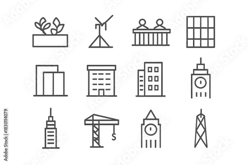 Rooftop Features Icons. Rooftop features. Line icon set of Rooftop features: rooftop garden, rooftop antenna, observation deck, glass facade building, elevator