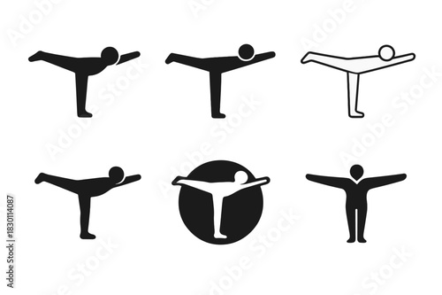 Body Balance Logos. body balance pose. Icon set. Set Logo of body balance pose: warrior III stance silhouette. harmonious logo variations of the same
