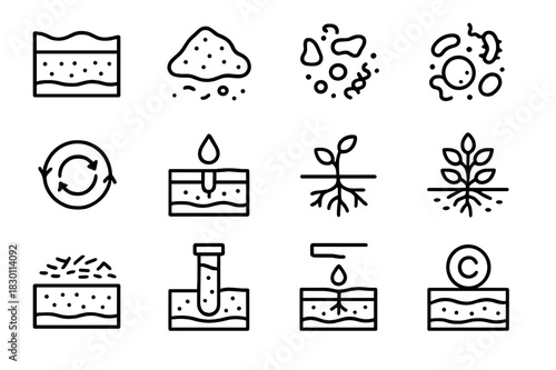 Soil Restoration Icons. Soil restoration. Line icon set of soil restoration: soil layer icon, compost icon, organic matter, microbial activity, nutrient cycle,