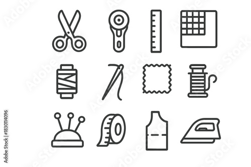 Fabric Cutting Tools. Fabric cutting. Line icon set of fabric cutting: scissors, rotary cutter, ruler, cutting mat, thread, needle, fabric square, spool, pins,