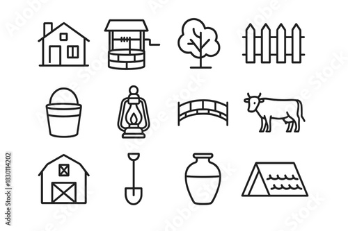 Traditional Village Icons. Traditional village. Line icon set of traditional village: house, well, tree, fence, bucket, lamp, bridge, cow, barn, shovel, water