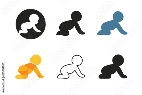 Toddler Playtime Logos. toddler playtime. Icon set. Set Logo of toddler playtime: crawling baby silhouette. harmonious logo variations of the same emblematic