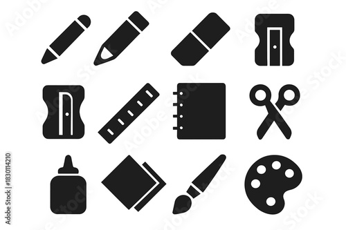 Stationery Icon Set. Stationery. Solid icon set of Stationery: crayon, pencil, marker, eraser, sharpener, ruler, sketchbook, scissors, glue, colored paper,