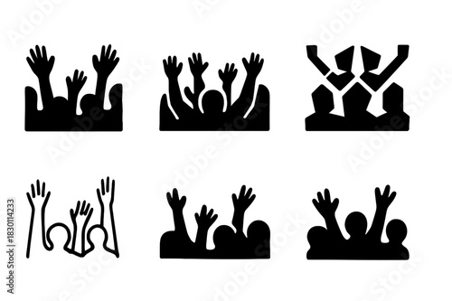 Concert Crowd Logos. crowd roaring. Icon set. Set Logo of crowd roaring: concert crowd. harmonious logo variations of the same emblematic concept, each with