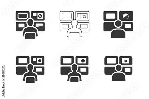 TV Control Room Logos. TV control room and technicians. Icon set. Set Logo of TV control room and technicians: technician at monitor screens. harmonious logo