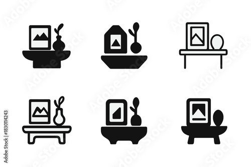 Meaningful Keepsakes Icons. decorating your home with meaningful keepsakes. Icon set. Set Logo of decorating your home with meaningful keepsakes: tabletop with