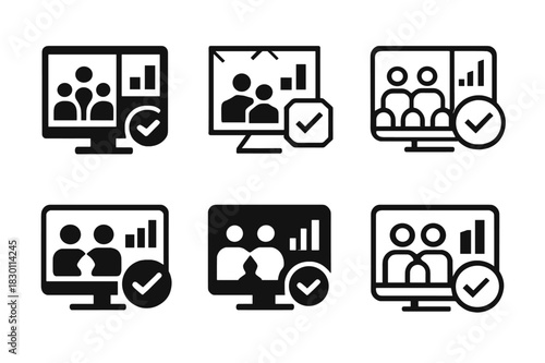Remote Team Icons. remote team productivity. Icon set. Set Logo of remote team productivity: video conference screen. harmonious logo variations of the same